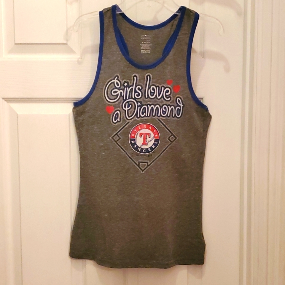 "Girls love a Diamond" Texas Rangers XL 14/16 Gray Burn Out with Blue Trim Tank